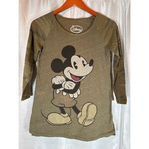 Disney Mickey Mouse Olive Green Camo Sleeve 3/4 Raglan Tee Shirt Medium‎